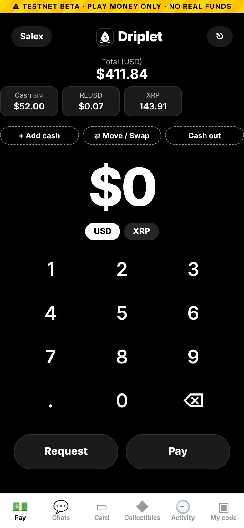 Driplet home screen showing balances and a pay keypad