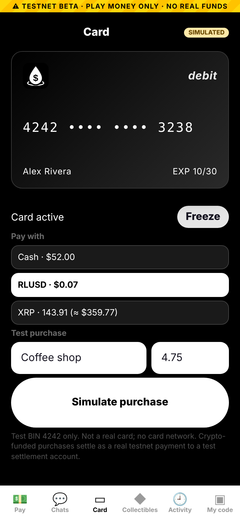 Preview of the Driplet card screen (simulated)